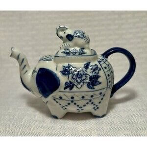 Vintage Cobalt Blue & White Porcelain Elephant Teapot, Hand Painted Tea Pot
